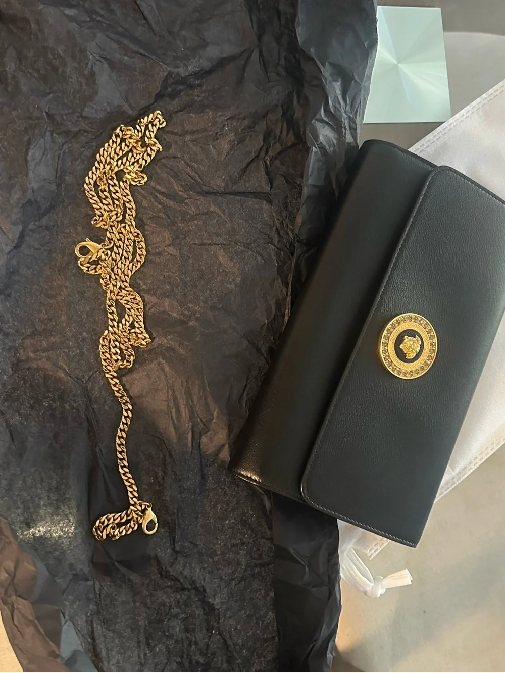 Versace Black Leather Medallion Chain Shoulder Bag